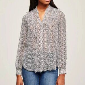 Anthropologie Kersh Sheath Long Sleeve Top Sheer Printed Blouse Black/Cream SZ S